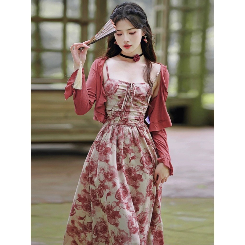 dress merah floral panjang korea style wanita dress tanpa lengan tali sexy beach dress cantik ke pan