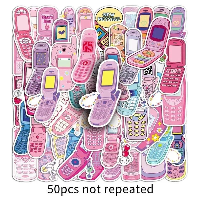 

50pcs/set Pink Color Sweet American Phone Scrapbook Journal Sticker Retro Y2K Flip Phone Stationery Sticker DIY Decor Sticker