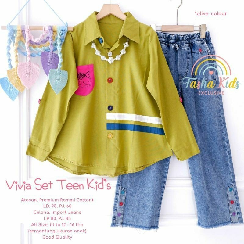 Vivia set teen kids setelan blouse katun kulot jeans anak remaja
