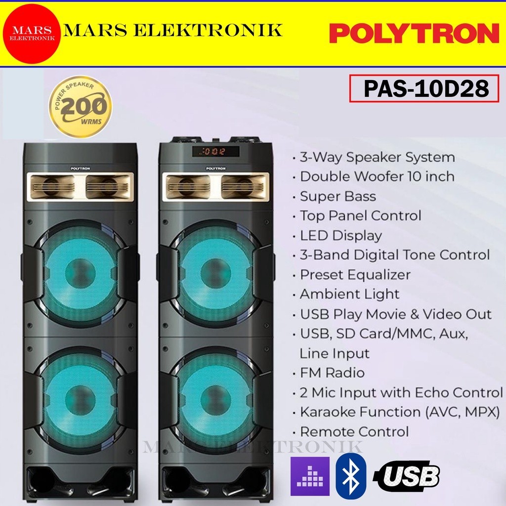 SPEAKER ACTIVE POLYTRON PAS10D28 / BLUETOOTH / DOUBLE SUBWOOFER / PAS 10D28 / FREE ONGKIR MEDAN