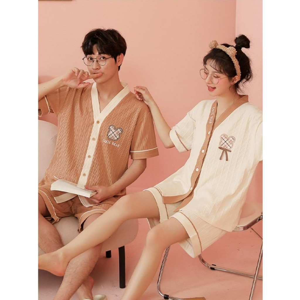 baju tidur piyama couple bahan kaos katun import tebal lengan pendek celana pendek SETELAN SET PIYAM