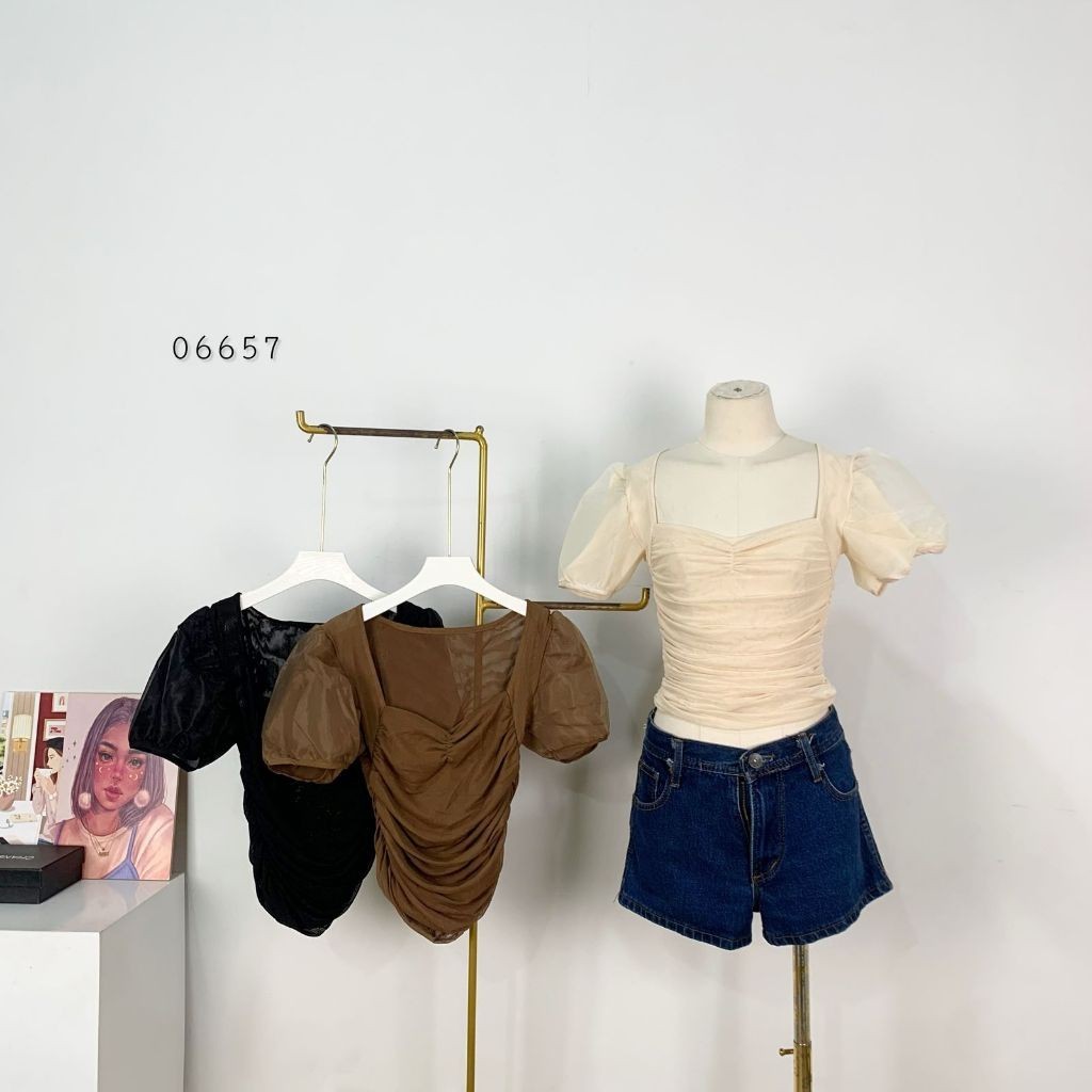 ATASAN BLOUSE TILE POLOS COTTON STREET VARIASI LEHER V TWIS KERUT PINGGANG KANAN KIRI LENGAN ORGANZA