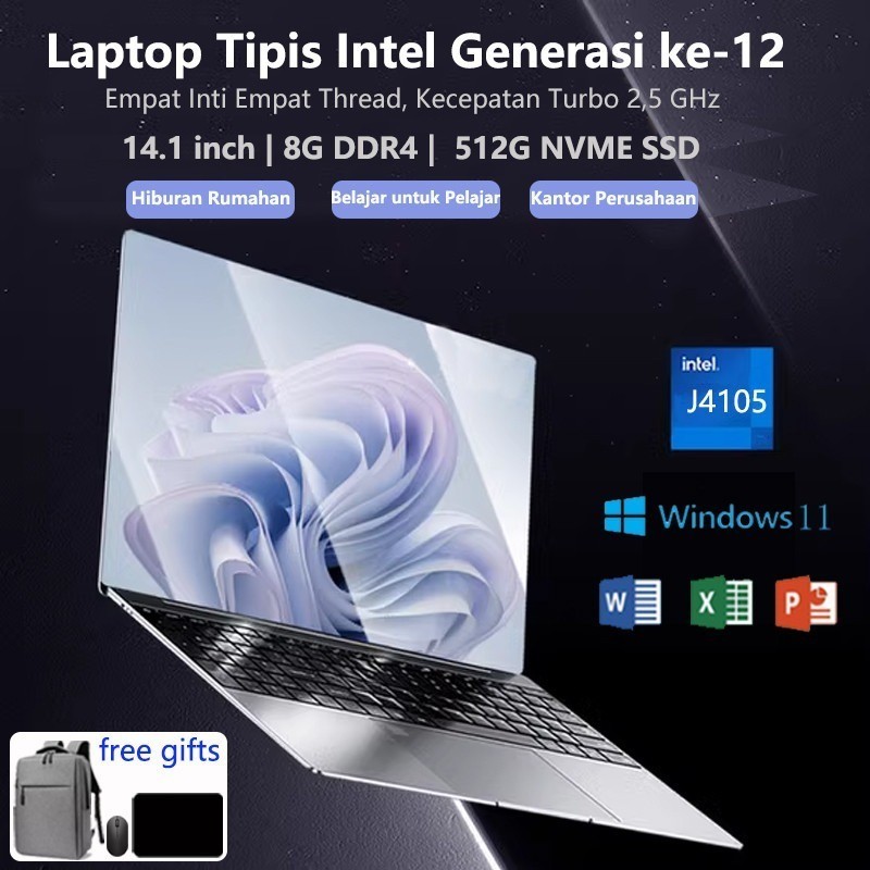 Notebook Super Tipis 2023 untuk Rumah, Kantor, dan Pelajar - Intel J4105, RAM 8GB DDR4, SSD 512GB, B