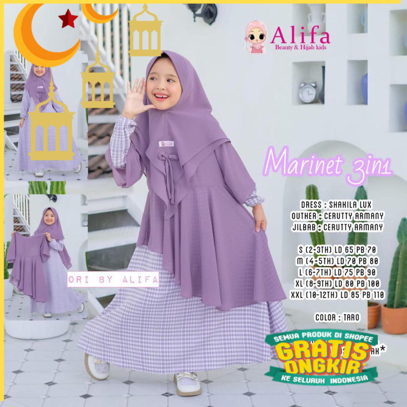 GAMIS ANAK MARINET KIDS SHAKILA LUX FREE JILBAB ORIGINAL ALIFA/Maron merah bata red anak tanggng