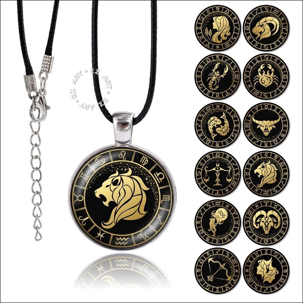 Kalung Liontin Bulat Gambar 12 Simbol Zodiak Emas Rasi Bintang Zodiac Gold Horoscope Kaca Bulat Cemb