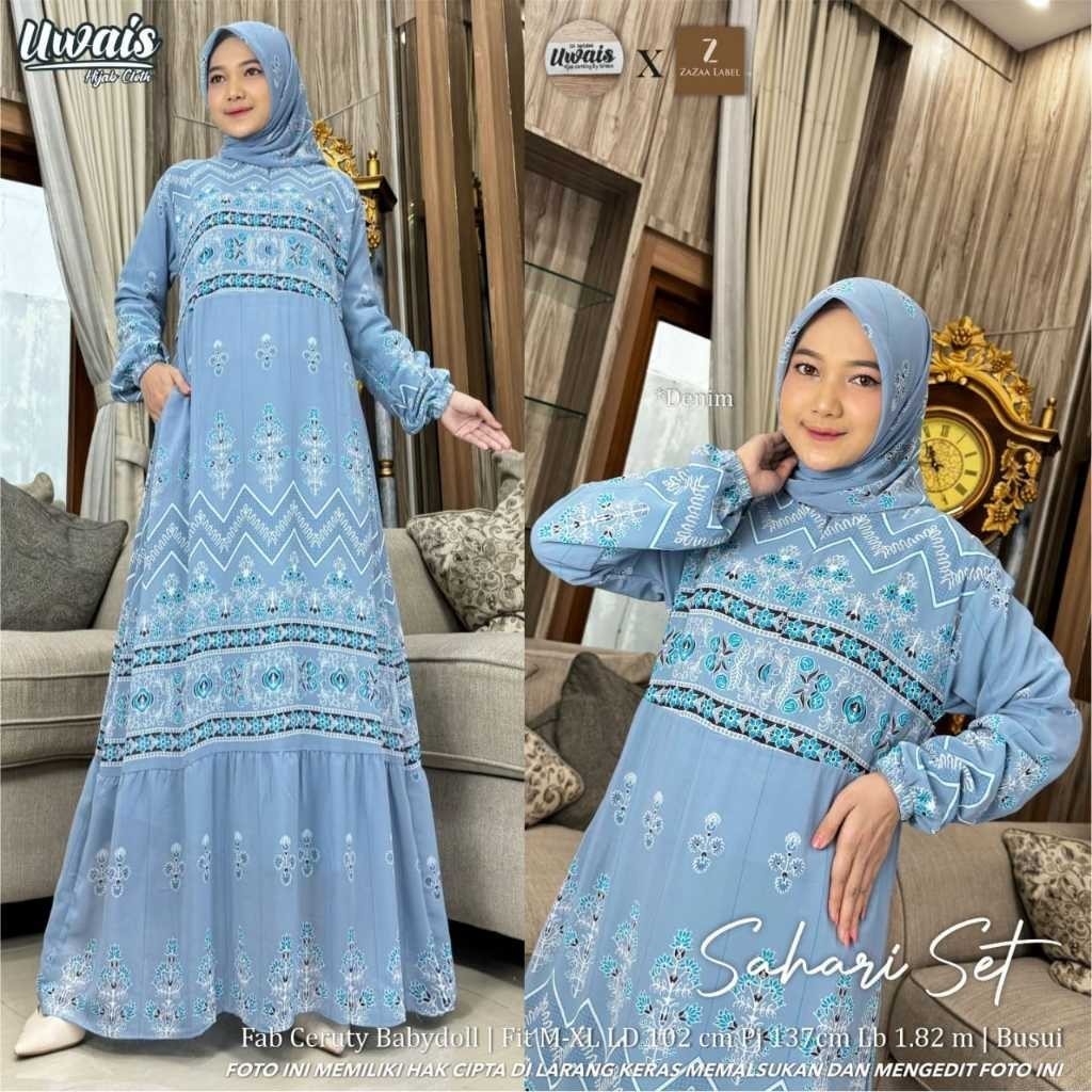 Sahari Set Hijab by Uwais x Zazaa Label  Gamis Maxy Dress Setelan Jilbab Segi Empat  LD 102 PB 137ke