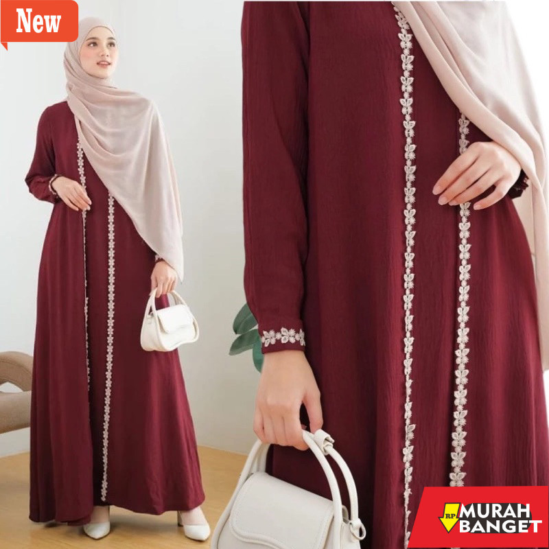 Abaya Turky untuk lebaran- Gamis Crinkle airflow Abaya Polos Renda Marocco Turkey Arab Dubai Umroh J