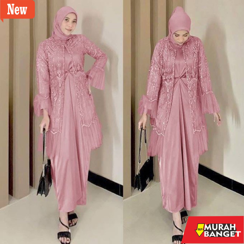 Gamis pesta- MAXI BERTA BLAZER 2 IN 1 DRESS + OUTER BLAZER BRUKAT TILE KOMBI SATIN LICIN KILAT/ GAMI
