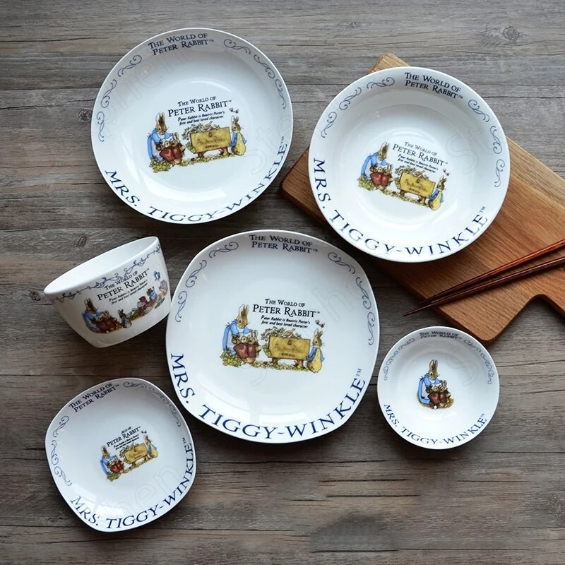 American Pastoral Cartoon Rabbit Dinner Set Plates and Dishes Painted Bone China Cake Dessert Dish C