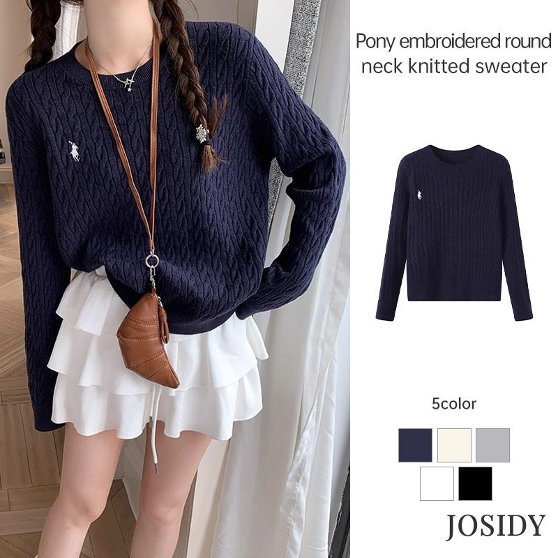 Baju Rajut Leher Bulat Bordir Kuda Baju Bottoming Sweater Rajut  Gaya Korea wanita Wanita JD