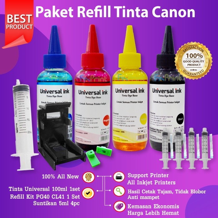 Paket Infus Refill Kit PG40 CL41 Plus Tinta Universal 100ml, Pack Refill Kit Cartridge Printer Inkje