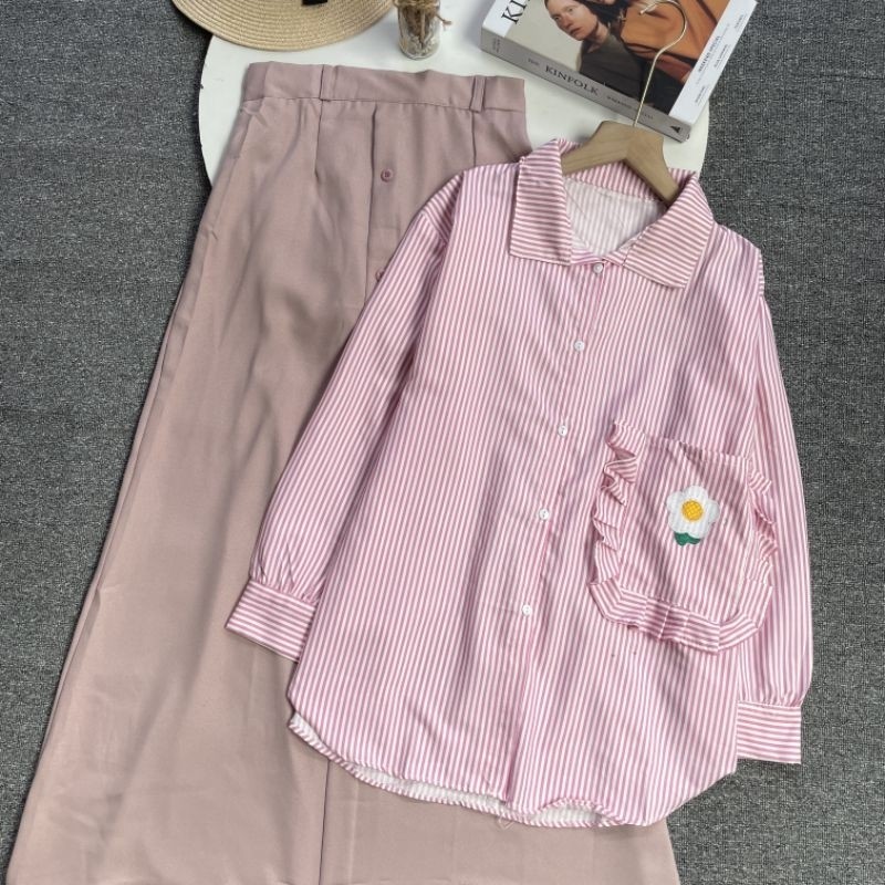 ONE SET SETELAN WANITA KEKINIAN KEMEJA STRIPY OVERSIZE MIX ROK SYAKILLA WANITA REMAJA KEKINIAN 2025 