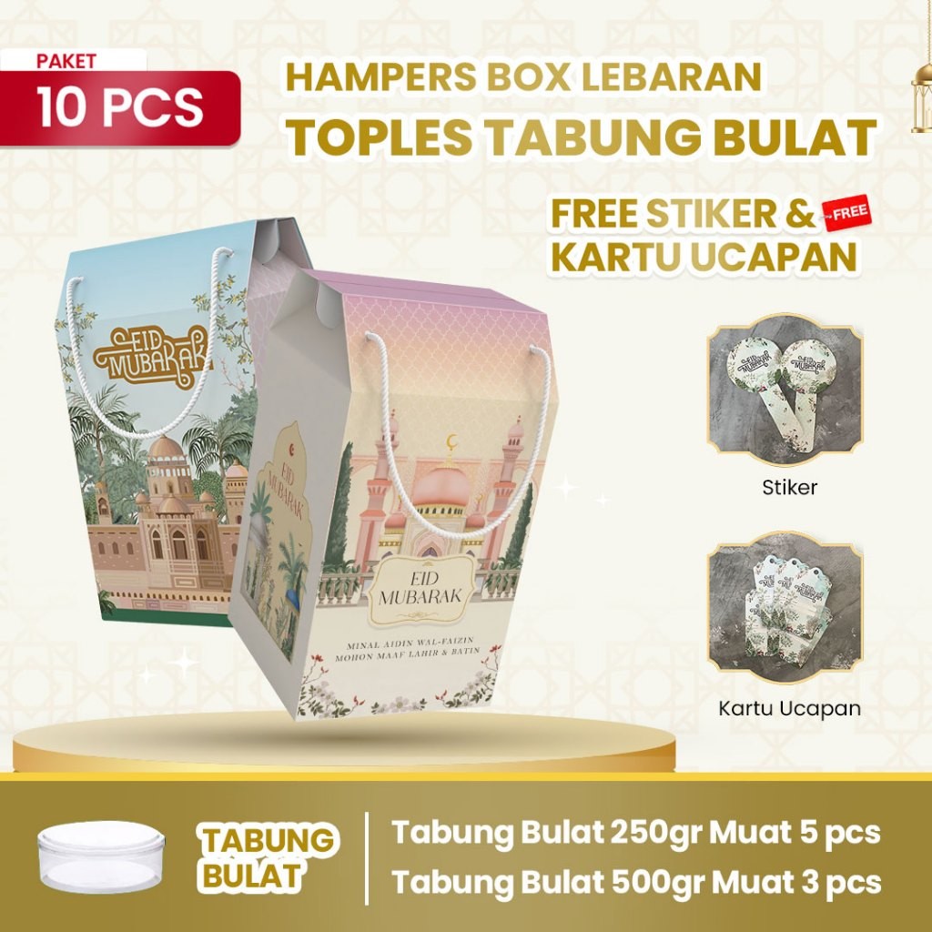 

Hampers Ramadhan Idul Fitri Kekinian Unik Murah Keren / 10pcs Gable Box kotak hampers Lebaran idul fitri Tali jinjing/Box Hampers besar toples BULAT Kue Kering Idul Fitri / estetik finishing foil (Paket 10pcs) muat toples BULAT (250gr : 5 toples) atau (50