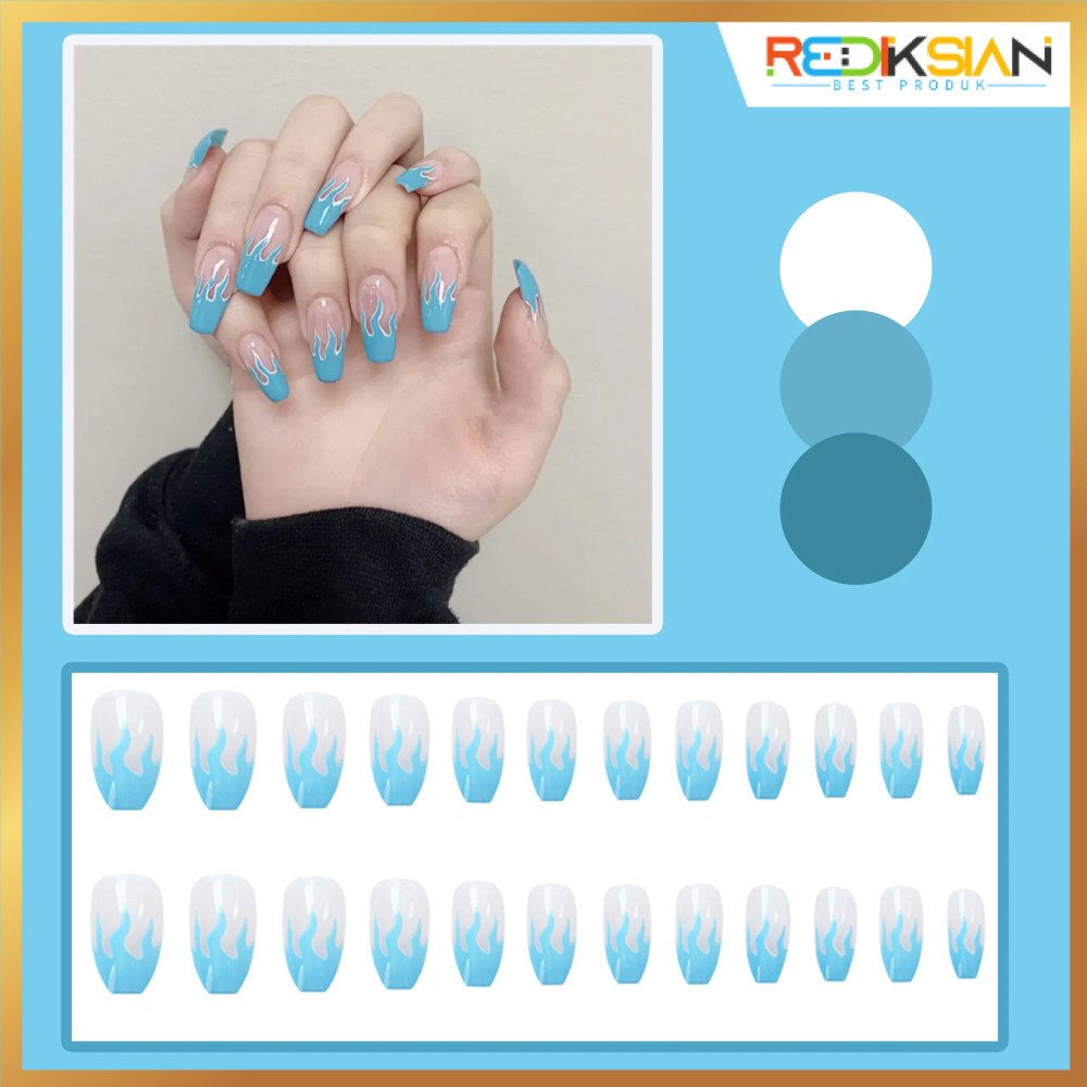 Kuku Palsu Tempel Akrilik Model Api Biru Fake Nails Blue Flame 24 PCS