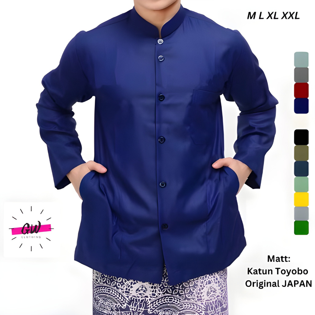 GW Koko Haibah Exclusive Toyobo Saku Samping, Lengan Panjang, Baju Muslim Koko Pria - Navy