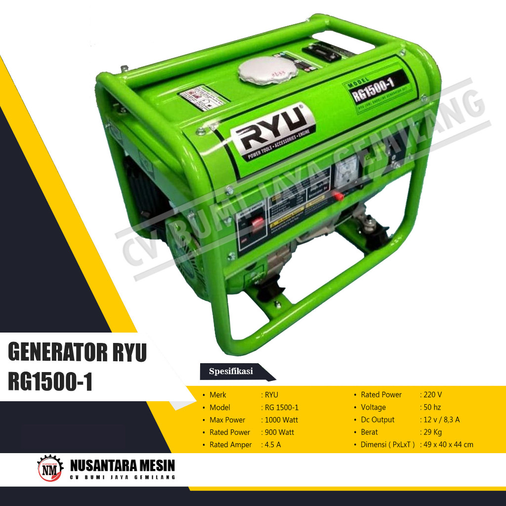 MESIN GENSET / GENERATOR RYU RG 1500-1 1000 Watt