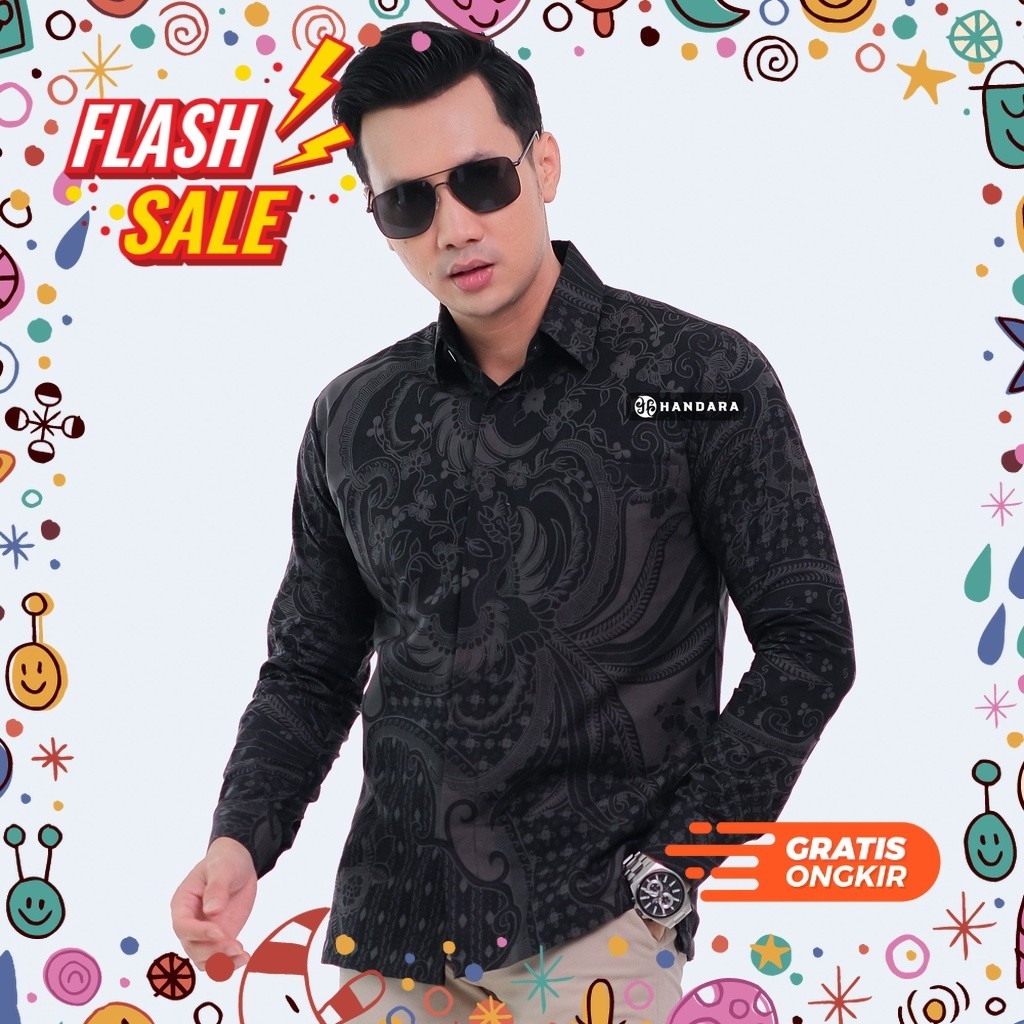 MEGASALE / Handara Batik Pria Lengan Panjang Slim Fit Premium Sawunggaling Tarung Hitam HB-163