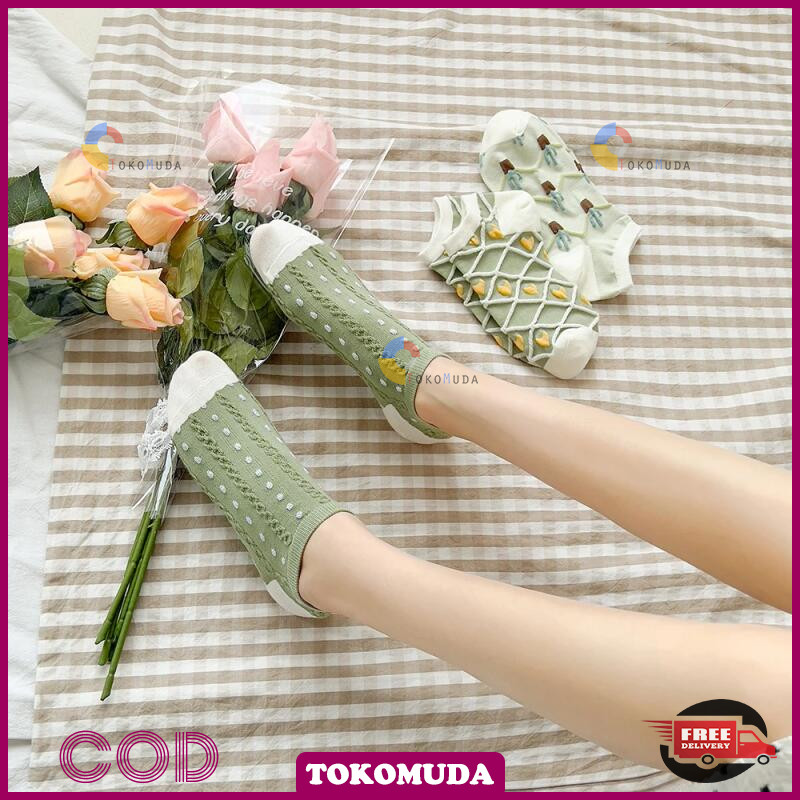 TOKOMUDA Sunmmer kaus kaki pendek wanita seri hijau kasual motif bunga kaus kaki korea wanita premiu