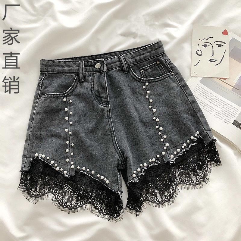 New Korean version perforated hot pants with studded lace denim shorts for women