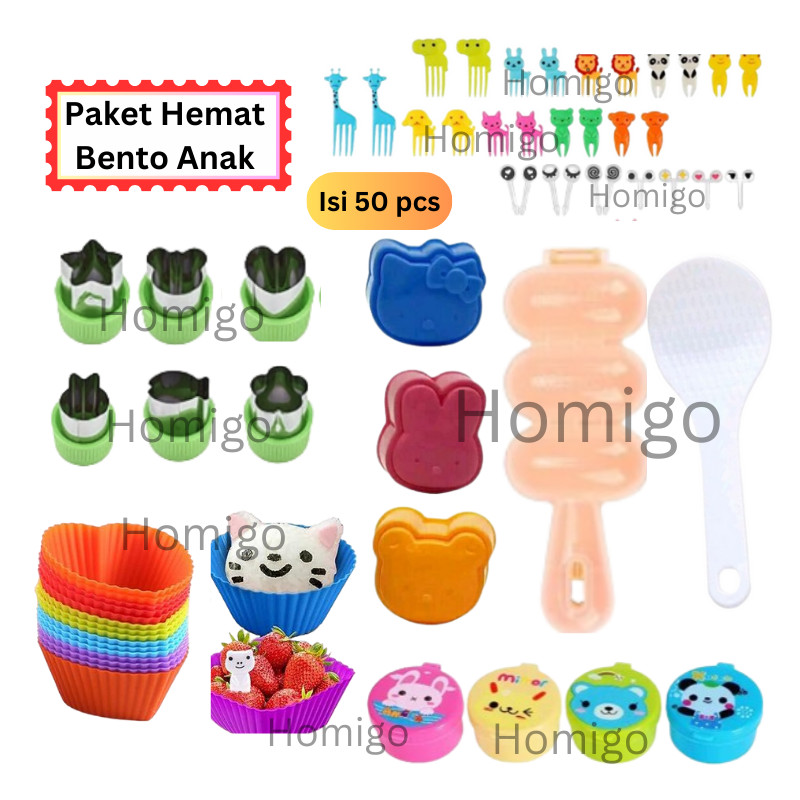 EL Homigo Isi 50 Paket Perlengkapan Bento Anak Set Komplit Bekal Anak Sekolah Cetakan Nasi Bento