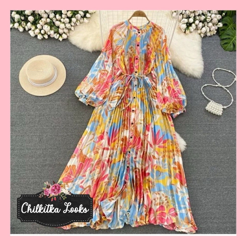CHILKITKA LOOKS KOREAN FASHION STYLE NJ Humaira Gaun Dress Maxi Wanita Muslimah Gamis Bunga Korean S