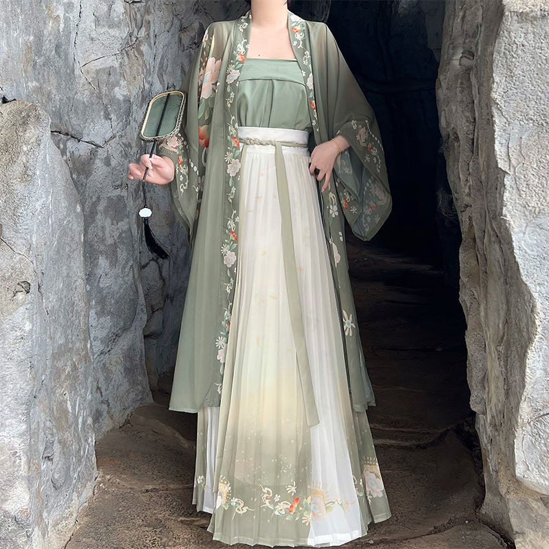 Xiao Xiang Ji Original Hanfu Women's Clear Tea Song Printed Changgan Temple Waist length Pleated Ski
