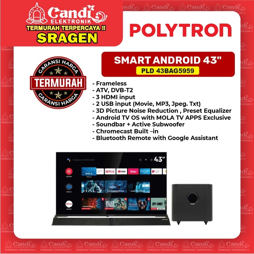 PROMO SPESIAL POLYTRON Smart Android Tv Soundbar 43 Inch - 43BAG5959