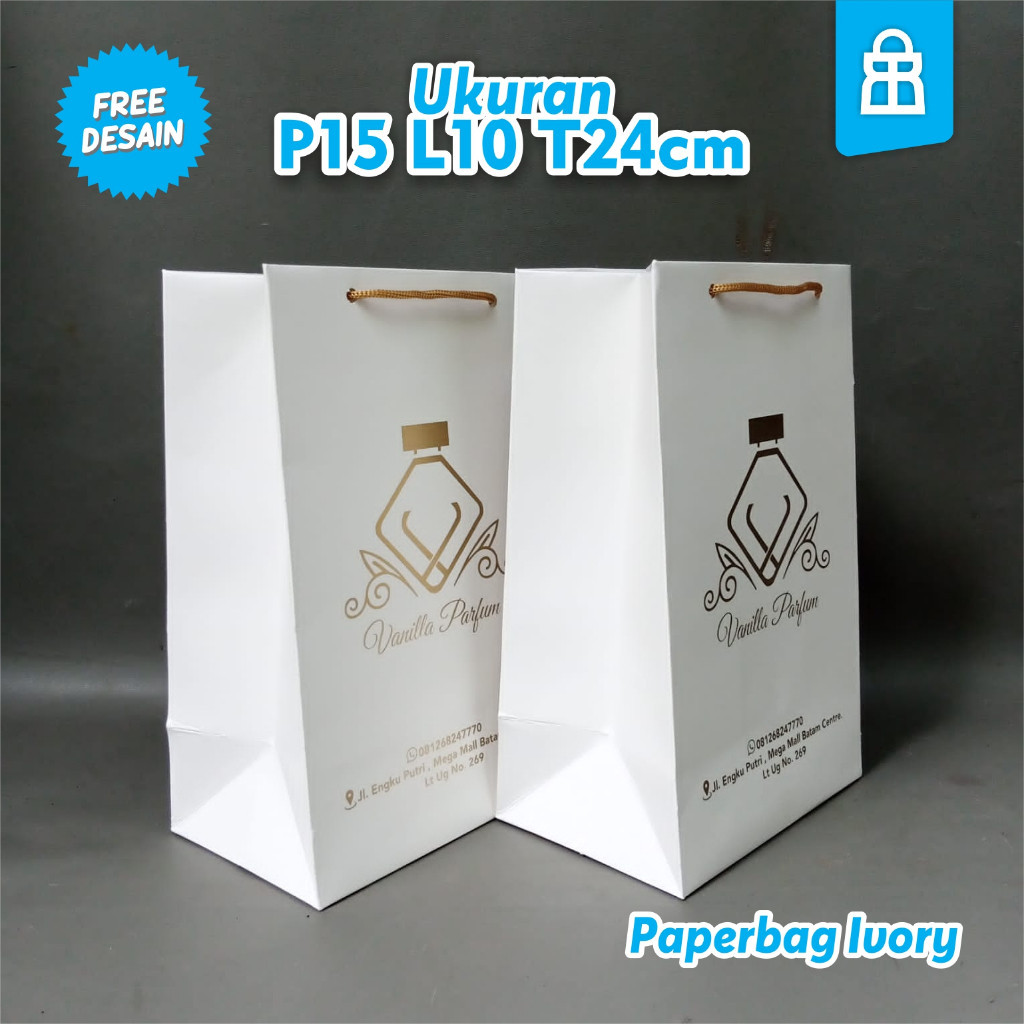

Paperbag Custom Putih ivory agak glossy free desain cocok untuk Paperbag SKINCARE, WEDDING, MURAH