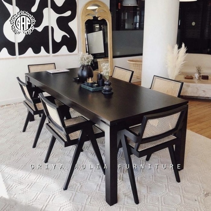 SET MEJA MAKAN 6 KURSI - MEJA MAKAN MINIMALIS JATI - KURSI MAKAN ROTAN