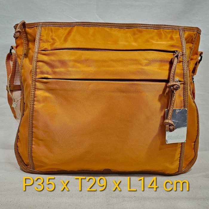 Uniqlo japan steelon shoulder messenger bag nylon & kulit asli orange
