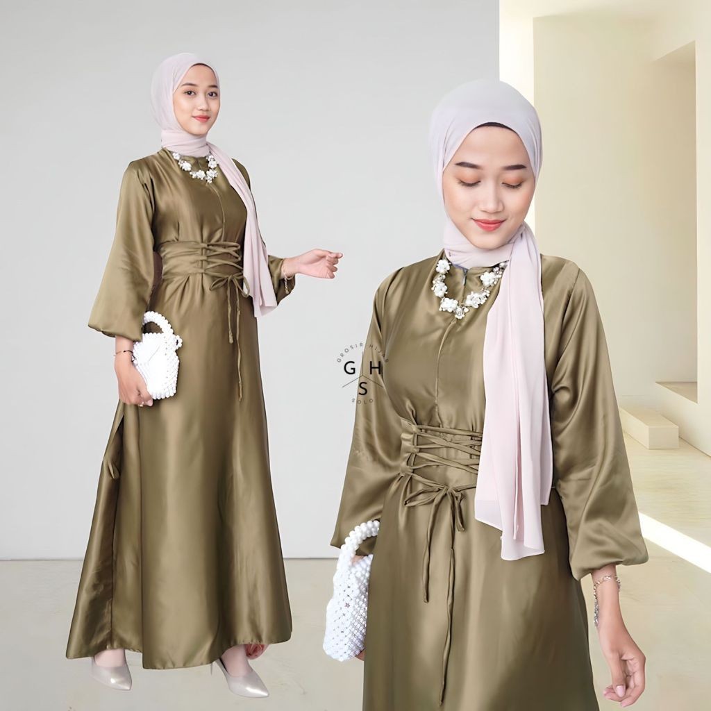[COD] ANYA DRESS MAXI KONDANGAN BELT TALI GAMIS LENGAN BALON ATASAN WANITA SATIN PREMIUM (KJI) / MUR