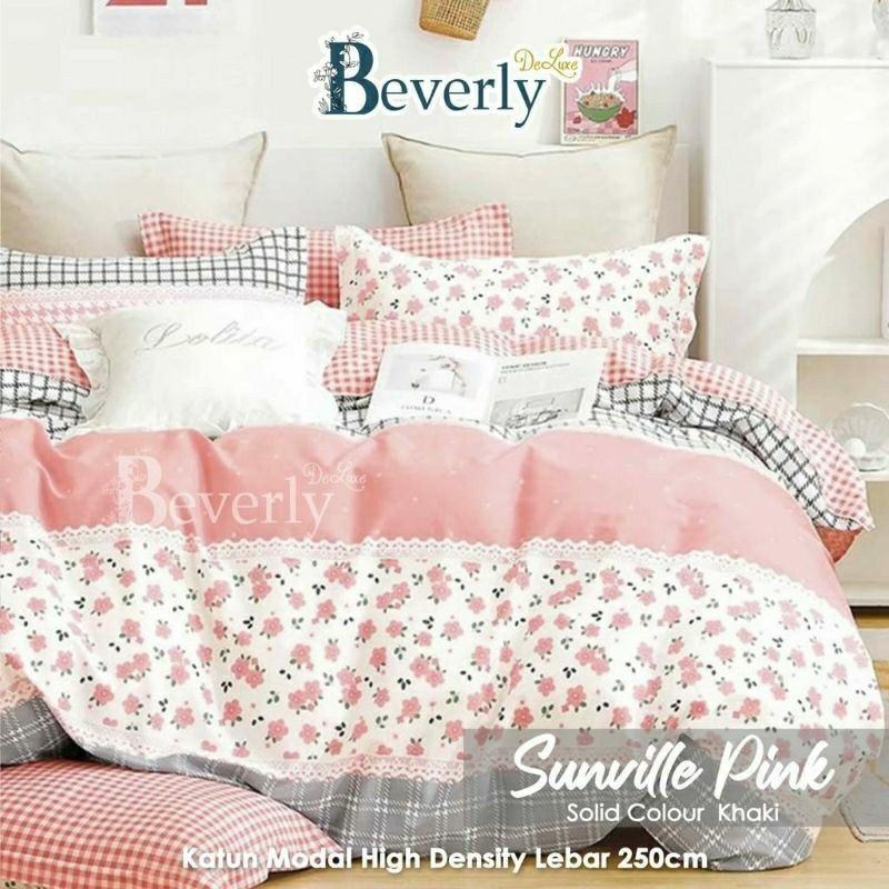 Bedcover + sprei anti geser katun beverly motif SUNVILLE  pink