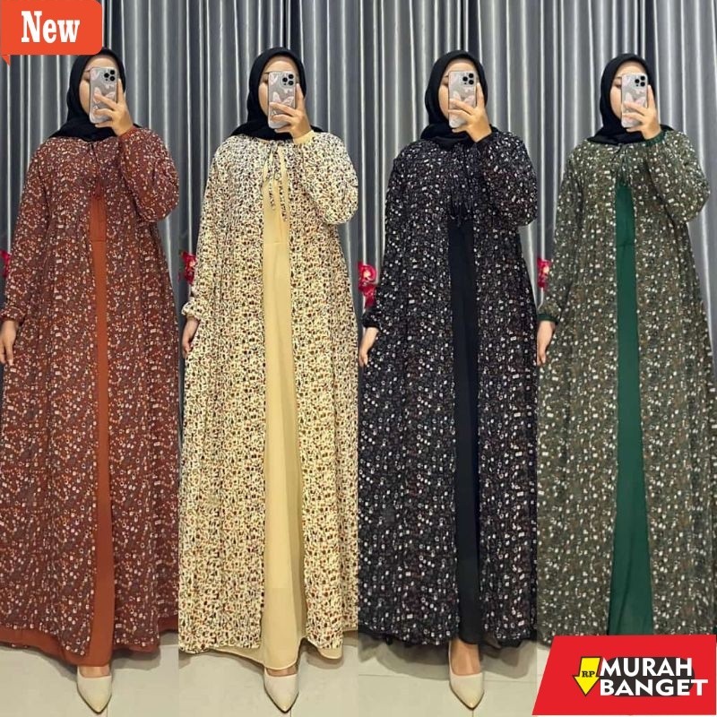 baju lebaran ala Timur Tengah- gamis terbaru belah depan bahan seruty bebydoll motif bunga kecil