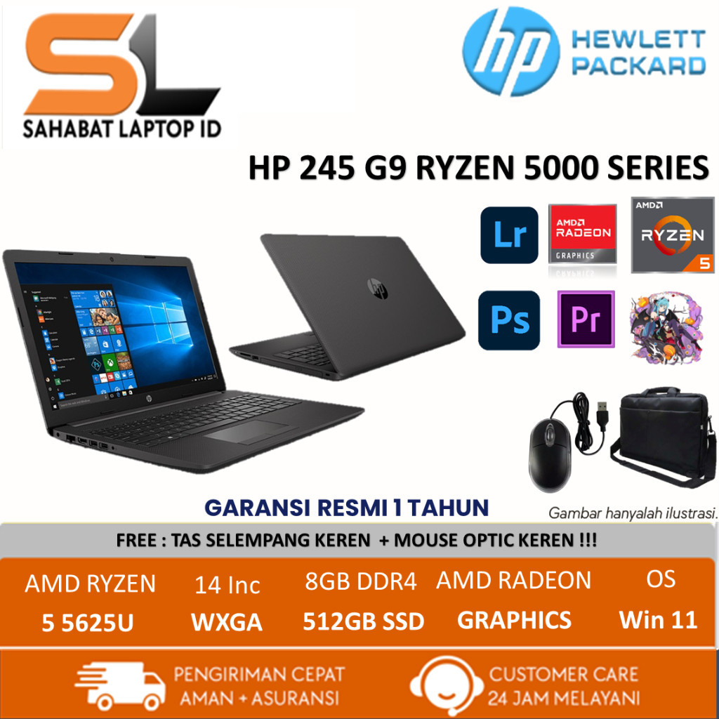 FROMO SPESIAL SHOP Laptop Hp 245 G9 AMD Ryzen 5 5625U Ram 16Gb Ssd 512Gb 14 WXGA Windows 11 Home Bla