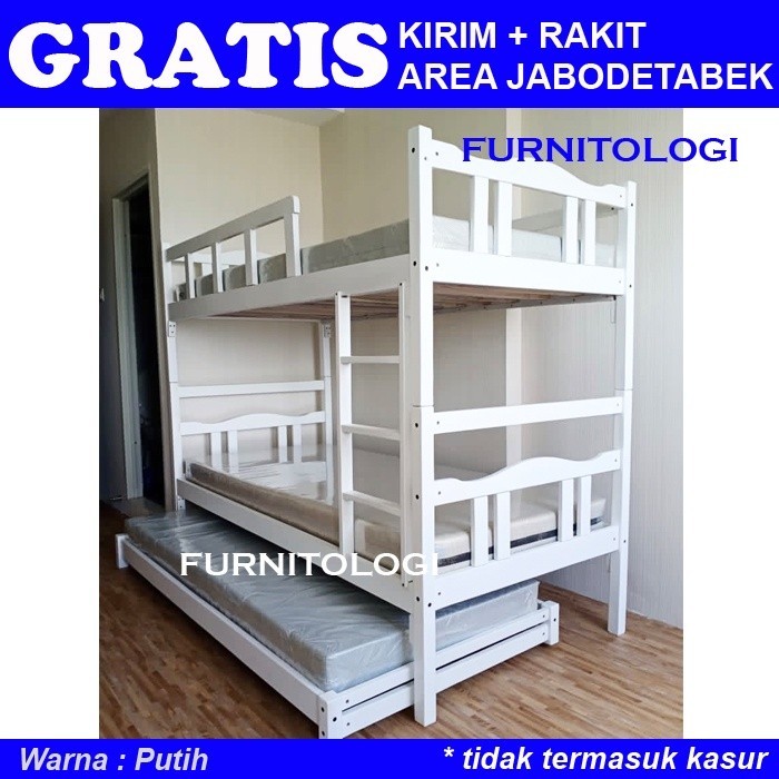 promo Tempat Tidur Tingkat 100x200 Sorongan Kayu Ranjang 3 Tingkat Putih Dipan Susun Kayu