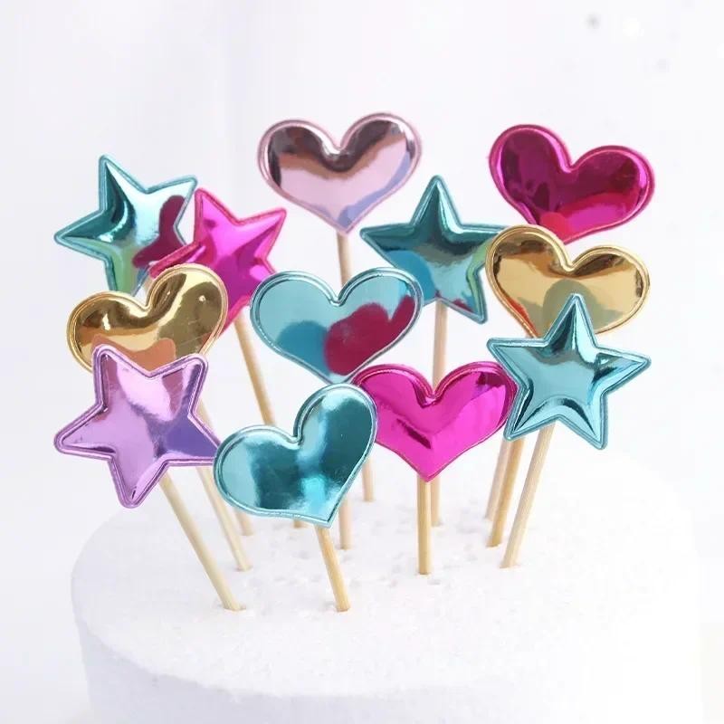 

50pcs Star Cake Topper for Birthday Party Colorful reflective Glitter Heart Cupcake Decoration Girl or Boy Wedding Crown Decor