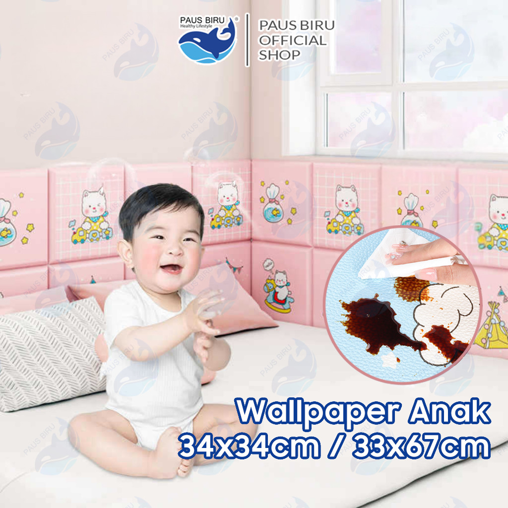 Paus Biru - Wallpaper Dinding Kamar Tidur Anak 3D Foam Aesthetic Tahan Air Sticker Dinding Bed Headb