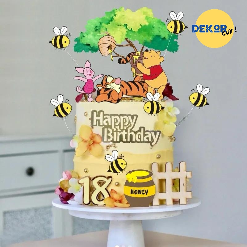 CAKE TOPPER KERTAS TEMA WINNIE THE POOH / hiasan kue ulang tahun cake topper happy birthday dekorasi