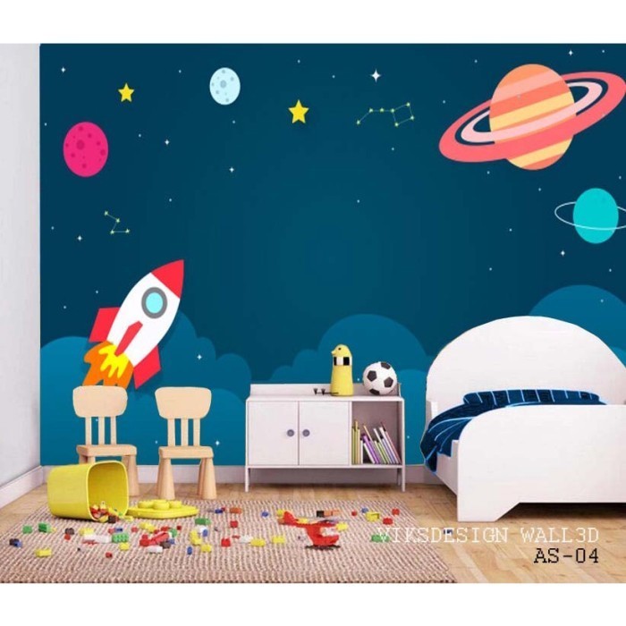 Cetak Wallpaper Dinding Kamar anak Laki Laki motif Roket di angkasa
