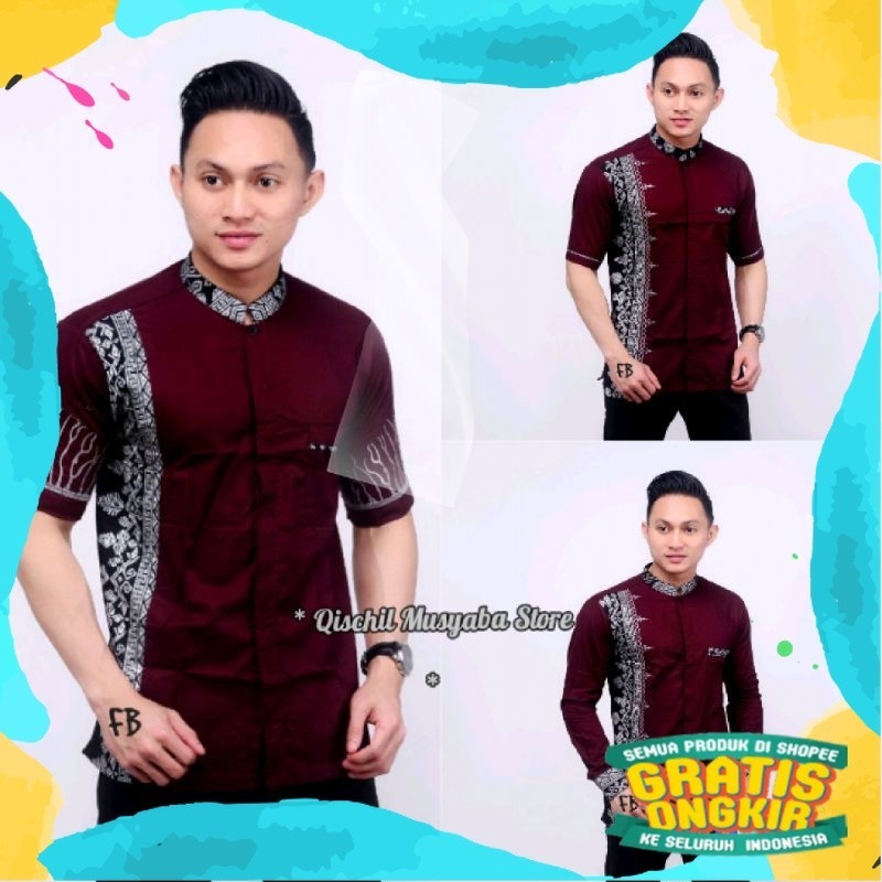 Kemeja Batik Lengan Pendek Kerah Shanghai / Baju Koko / Batik Pria Lengan Pendek / Kemeja Batik Komb