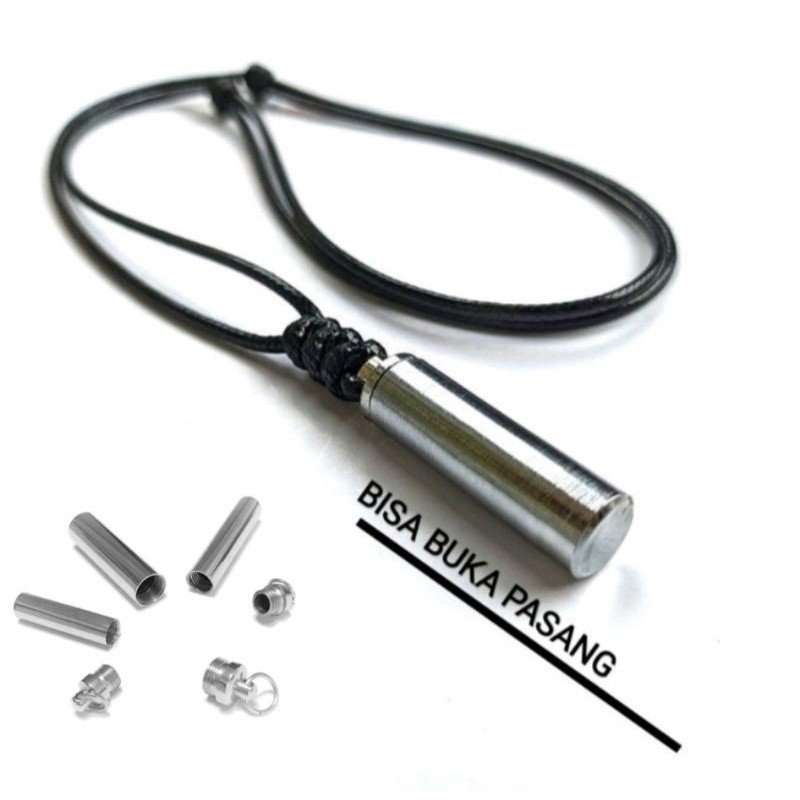 (KL54) KALUNG TALI HITAM LIONTIN BAJA PUTIH MODEL TABUNG BISA DIBUKA TUTUP PRIA WANITA WARNA SILVER 
