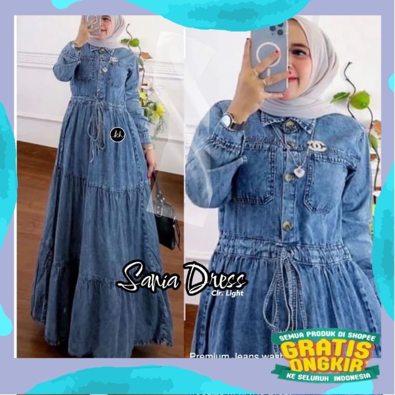 Gamis Jeans Jumbo Saria Dress Jeans Wanita Jumbo Ld 110 Terbaru/Baju Gamis Jeans Susun Tali Serut Bu