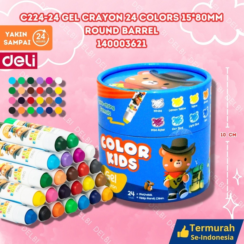 

Deli Plastic Crayon / Krayon Plastik 12/24/36 Tidak mengotori tangan ergonomis tidak beracun HE901 C224-24 Gel Crayon 24 Colors 15*80mm round barrel