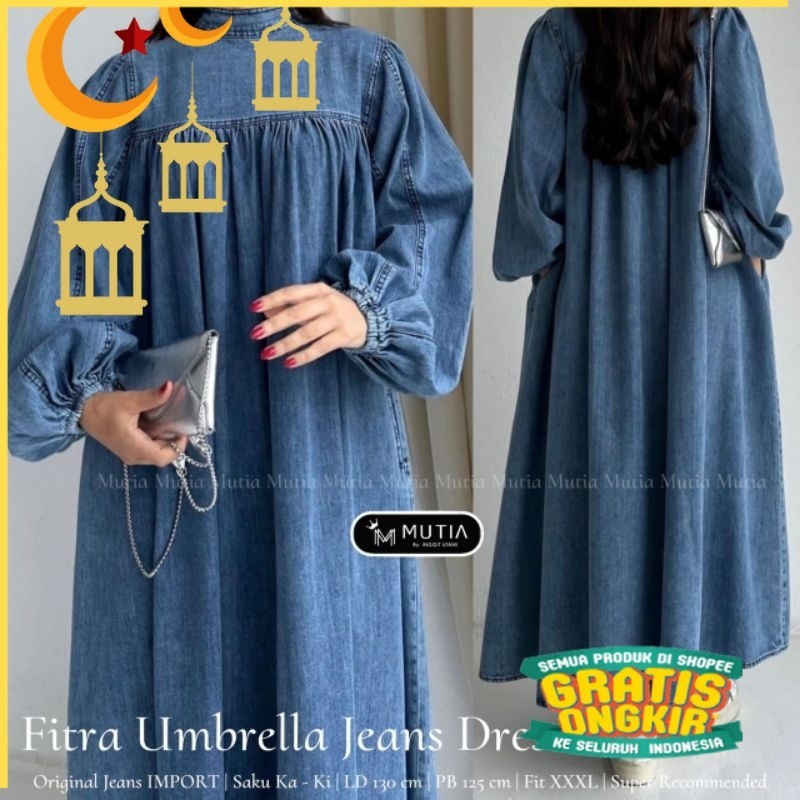 FITRA UMBRELLA JEANS DRESS (JUMBO MAXY) ORI MUTIA/ bunga bunga polkadot lucu
