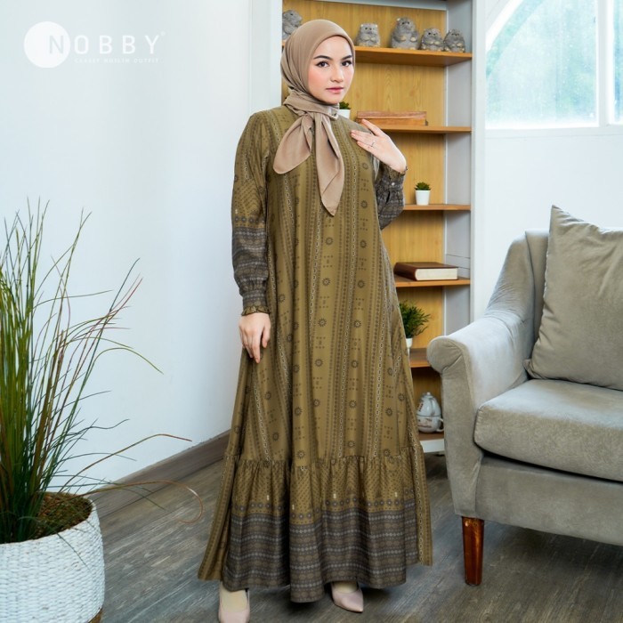 Nobby - Merlyn Dress Motif Full Print Casual Busui Friendly - Coklat, M