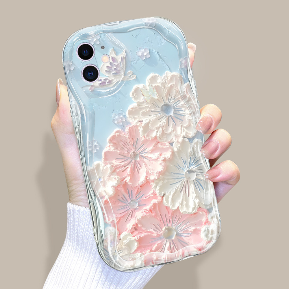 Casing Hp Untuk Compitable With IPhone 11 Softcase Blue White Flowers Cassing Handphone Cream Textur