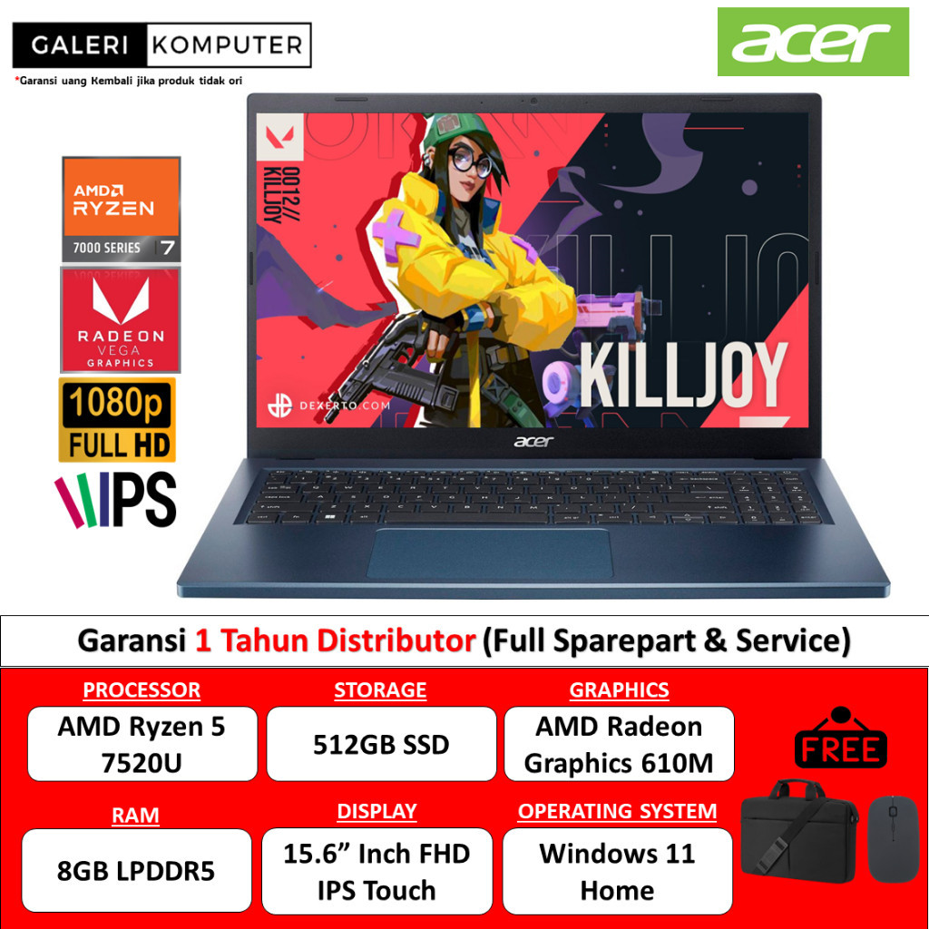 Laptop Gaming Acer Aspire 3 A315 AMD Ryzen 5 7520U 8GB 512GB SSD Radeon 610M FHD IPS Touch Windows 11 Original