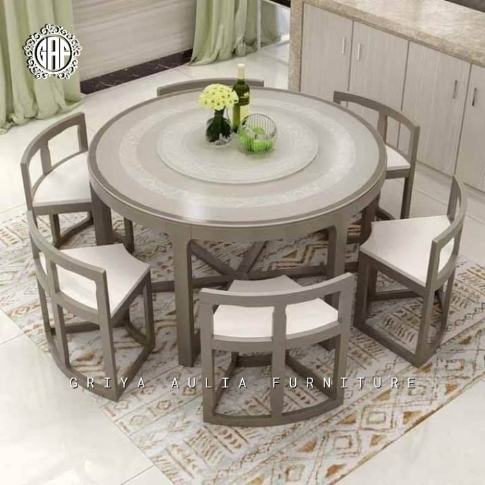 Set Meja makan bundar 6 kursi kayu jati meja makan modern