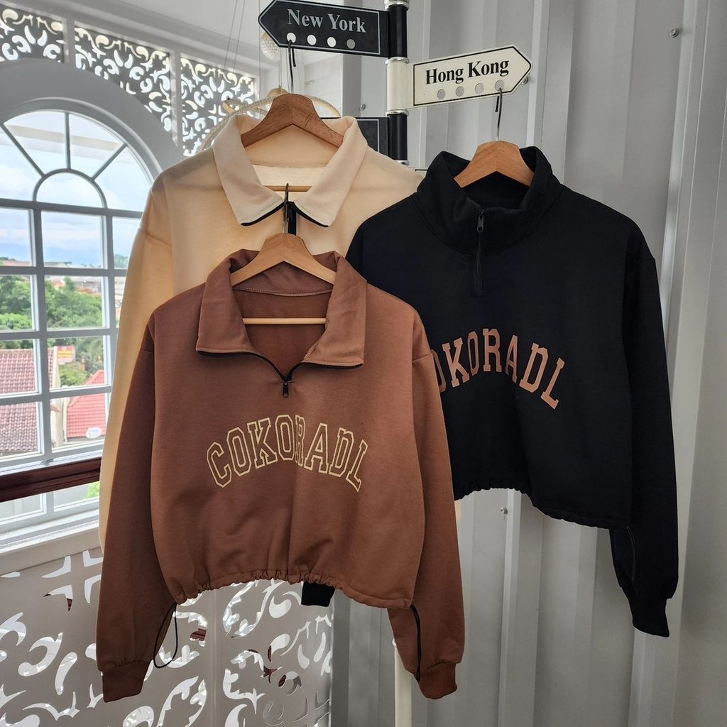 NOUSKA - COKORADL CROP Top Sweater Wanita Kerah Resleting Korean Style Lucu