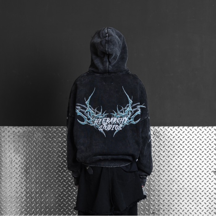 HIERARCHY STUDIOS Chroma - Black Washed Verglass Wide Oversized Zip Hoodie